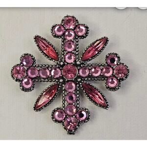 Vintage Silver Tone Metal Snowflake Maltese Cross Pink Crystal Brooch Pin 2" x2"